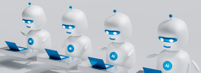 Afbeelding van 4 AI robots op een rij.