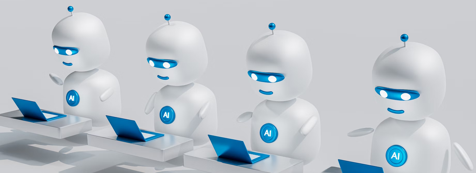 Afbeelding van 4 AI robots op een rij.