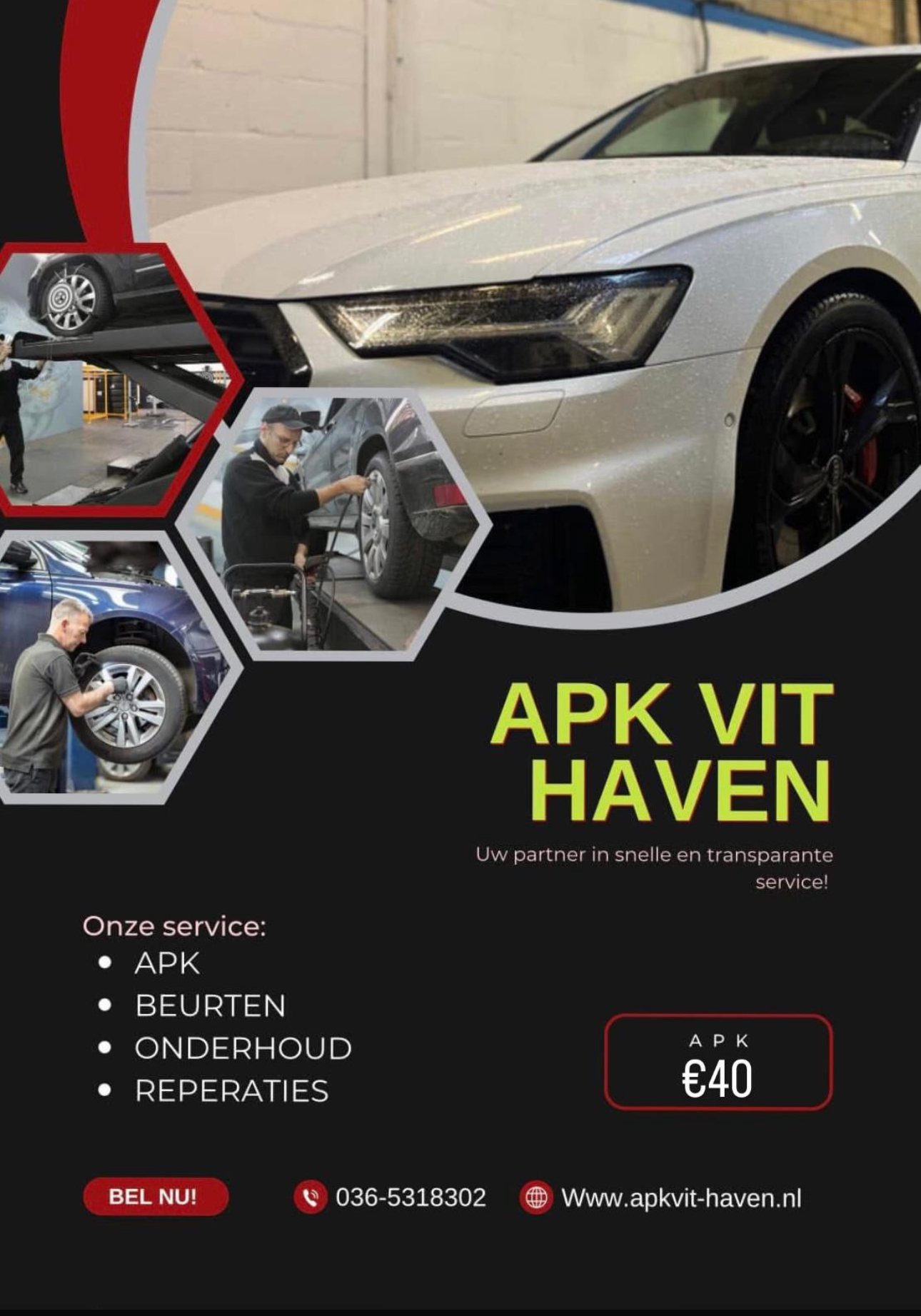 Een flyer van een autoservicebedrijf met een witte auto, kleine foto’s van monteurs en informatie over APK, onderhoud en reparaties, inclusief contactgegevens.