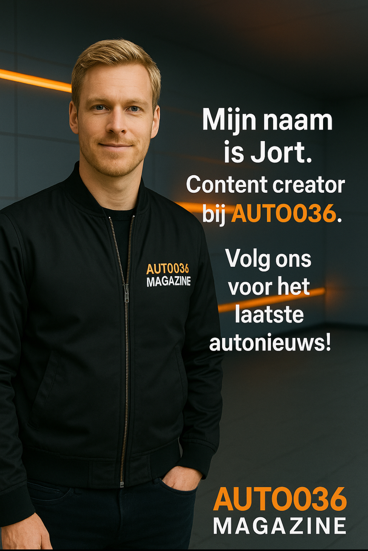 Man in zwarte jas met ‘AUTO036 Magazine’ erop poseert voor een donkere achtergrond met oranje accenten, met promotietekst over content creator Jort.