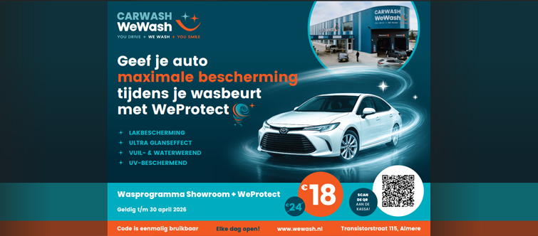Een promotieposter voor WeWash met informatie over autowassen en het WeProtect‑programma, inclusief voordelen zoals lakbescherming, glanseffect en water‑ en vuilwering. De poster toont prijzen, een QR‑code, wasprogramma’s en contactgegevens van de carwash.