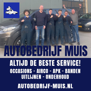 Groepsfoto van medewerkers van Autobedrijf Muis voor een auto, met teksten over hun services zoals occasions, airco, APK, banden, uitlijnen, schade en onderhoud.