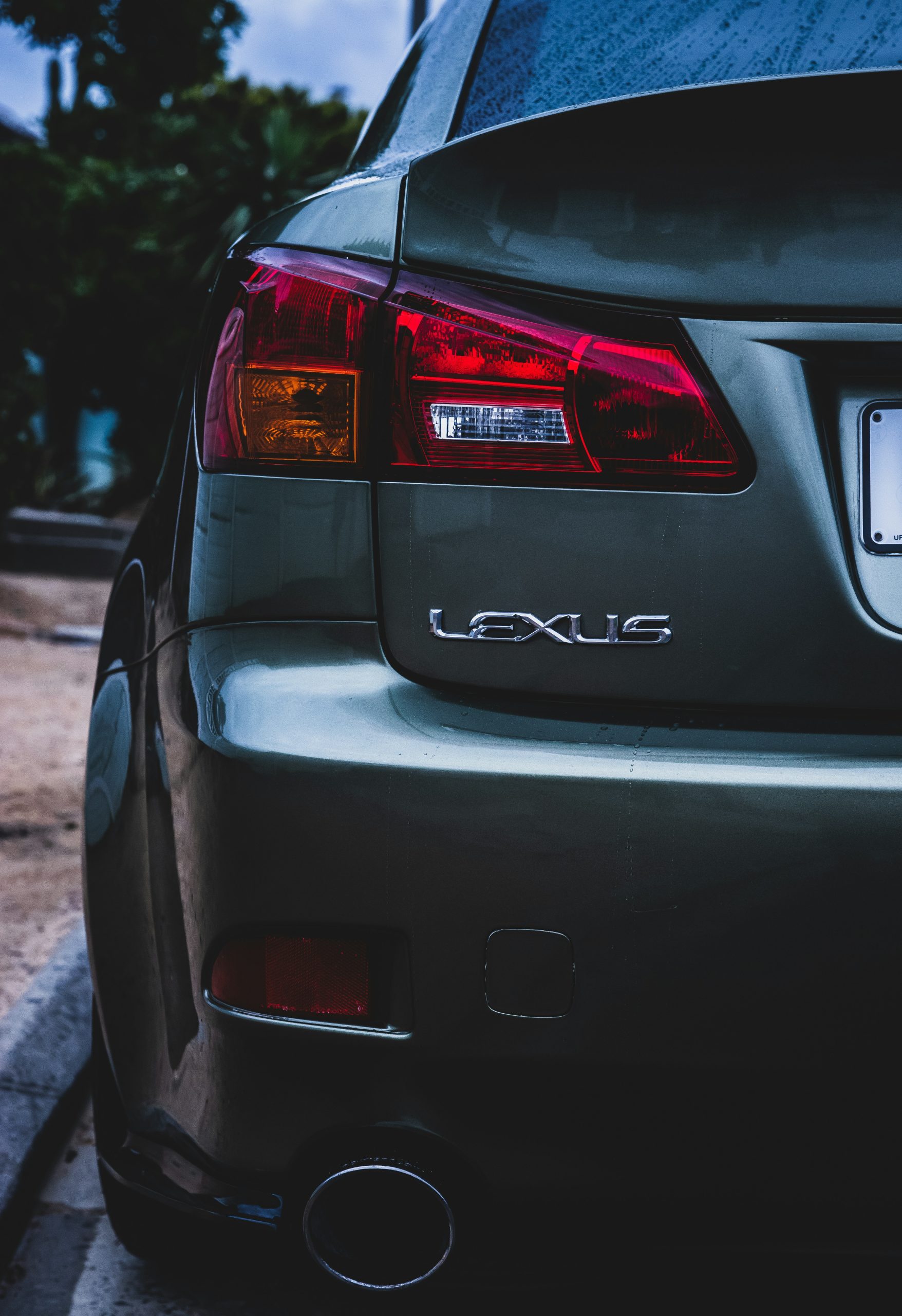 De achterzijde van een donkere Lexus met natte carrosserie, zichtbaar achterlicht, LEXUS‑badge en uitlaat, geparkeerd op een vochtige ondergrond.