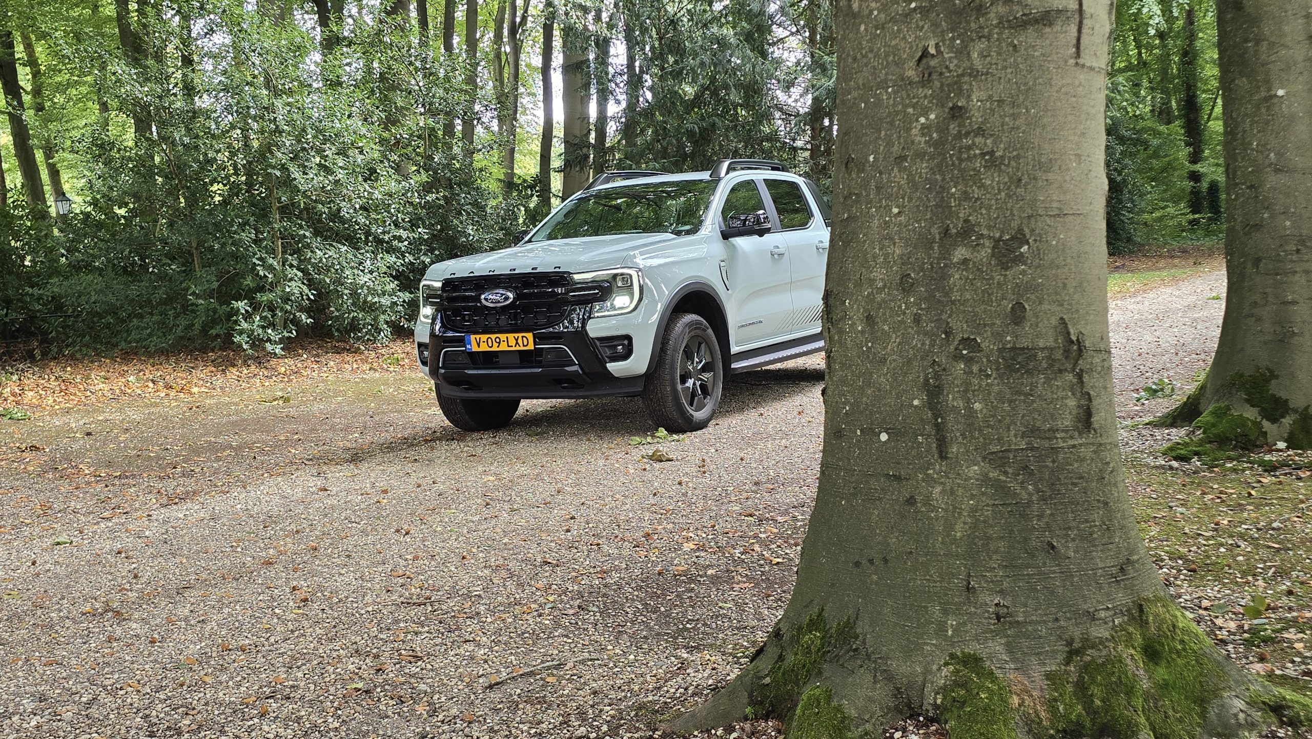 Een lichtgekleurde Ford Ranger die geparkeerd staat op een grindpad in een bosrijke omgeving met hoge bomen en groene begroeiing.