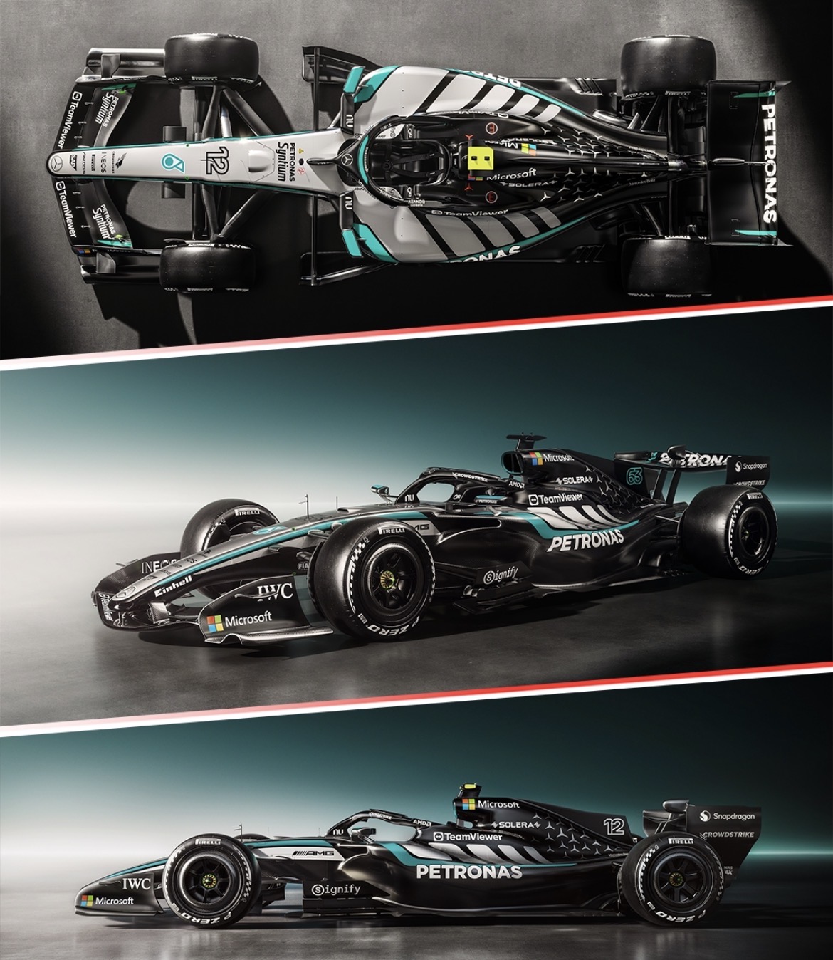 Drie weergaven van een zwarte Mercedes‑AMG Petronas F1‑auto met turquoise accenten: bovenaan een bovenaanzicht, in het midden een schuine vooraanblik en onderaan een zijaanzicht met diverse sponsoren.