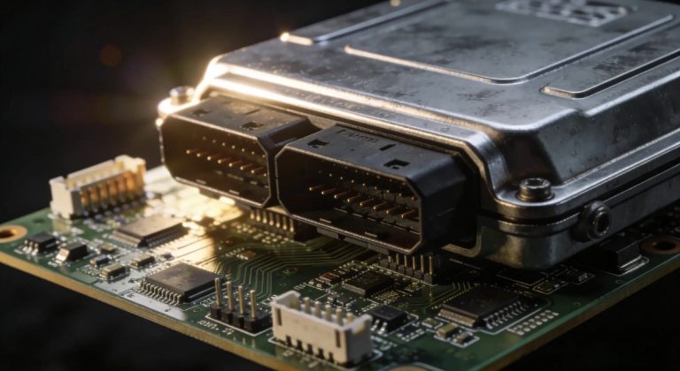 Elektronische regeleenheid met twee grote connectoren gemonteerd op een printplaat met diverse componenten.