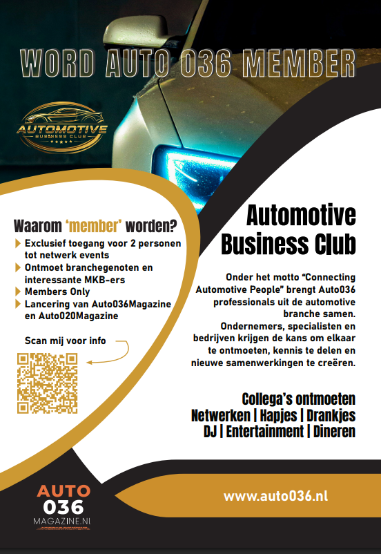 Promotionele Auto036‑poster met close‑up van een autokoplamp, gouden accenten en informatie over het Automotive Business Club‑lidmaatschap met QR‑code.