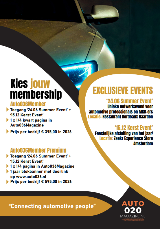 Flyer met blauwe autokoplamp en overzicht van Auto036‑lidmaatschappen, inclusief eventdata, prijzen en locaties