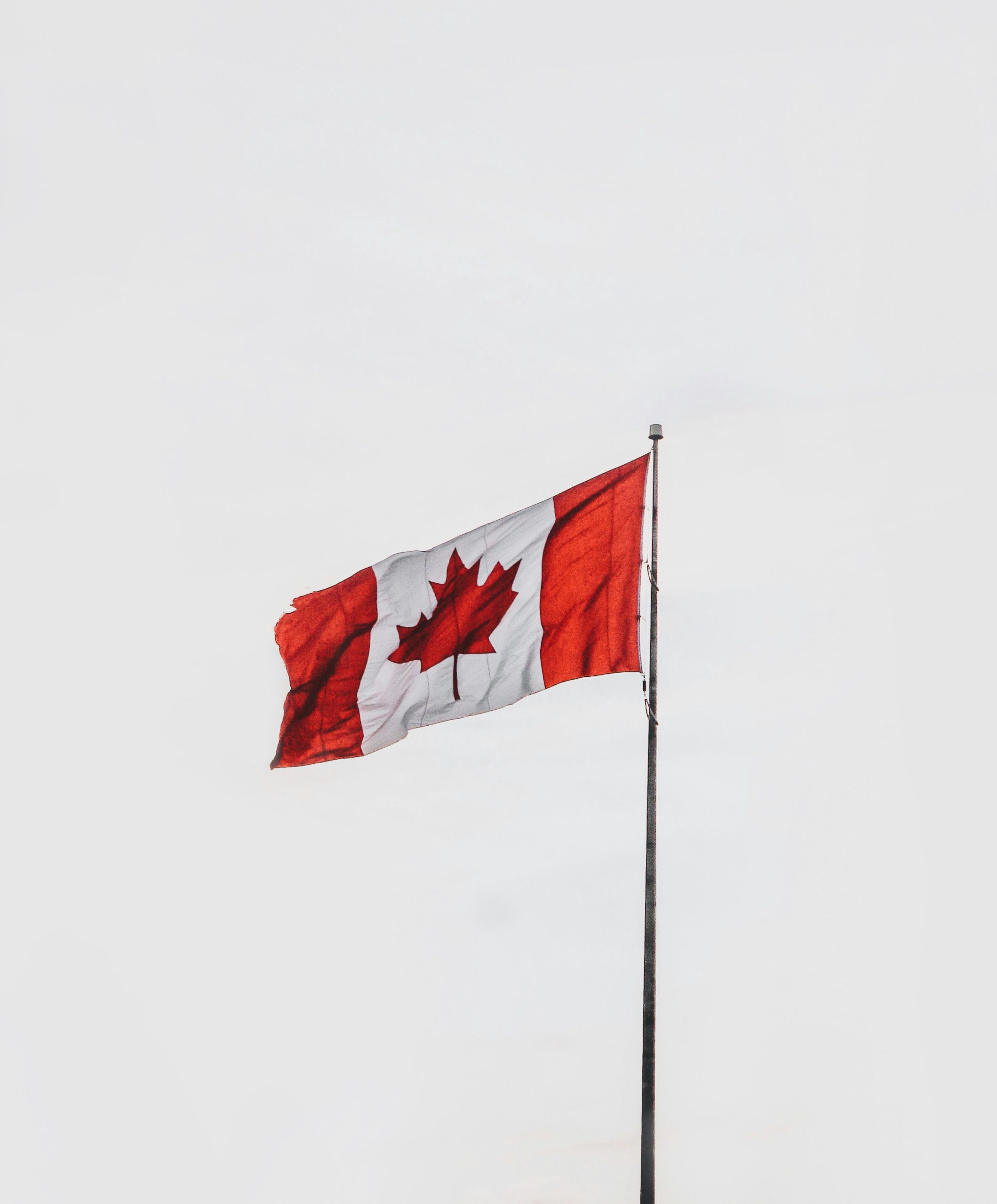 Canadese vlag met rood esdoornblad wapperend aan een hoge vlaggenmast tegen een lichte lucht.