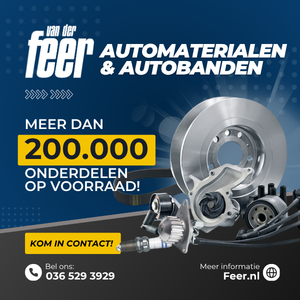 Blauw‑witte advertentie met automaterialen zoals remschijf en turbo, plus tekst over Van der Feer en 200.000 onderdelen op voorraad.