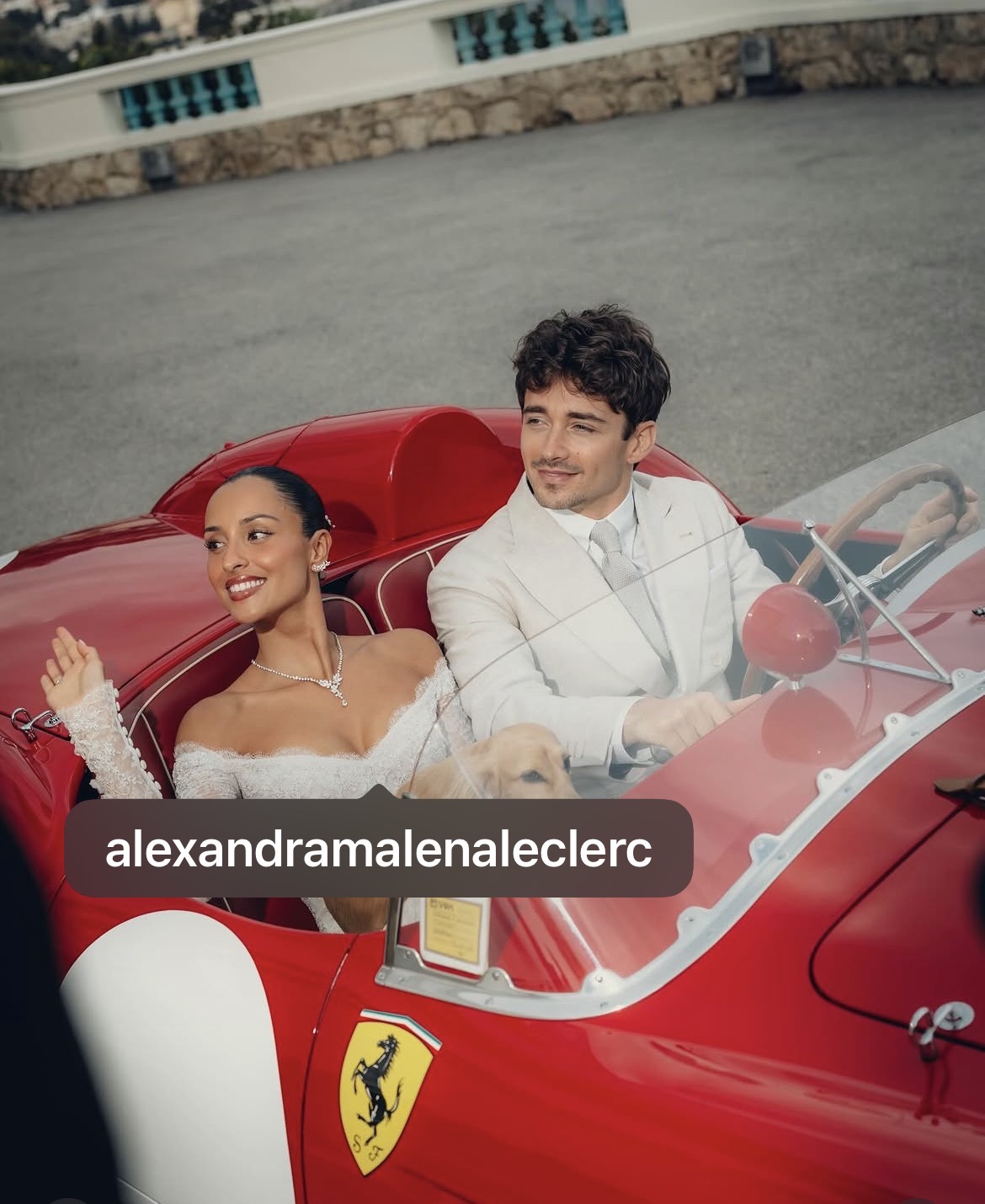 Stijlvol gekleed koppel in een rode klassieke Ferrari cabrio met een klein hondje tussen hen in.