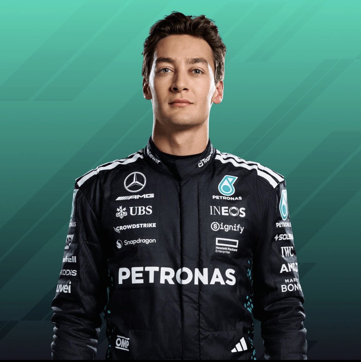 George Russell in zijn Mercedes F1 racepak.