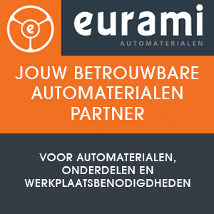 Donkerblauwe‑met‑oranje advertentie met Eurami‑logo en tekst over automaterialen, onderdelen en werkplaatsbenodigdheden.